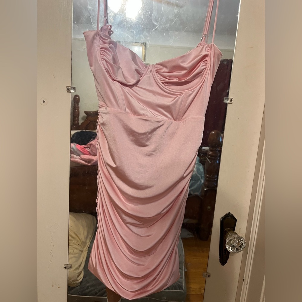 Lucy in the sky baby pink ruched dress with built in corset.